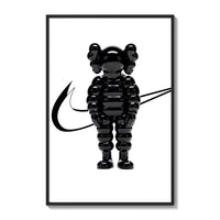 Black inflated cartoon companion figure poster framed on a white gallery wall