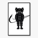 Inflated black KAWS Companion figure poster framed on a white gallery wall