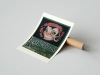 Rolled Grinning woman's face with earring poster beside its crush-resistant kraft shipping tube