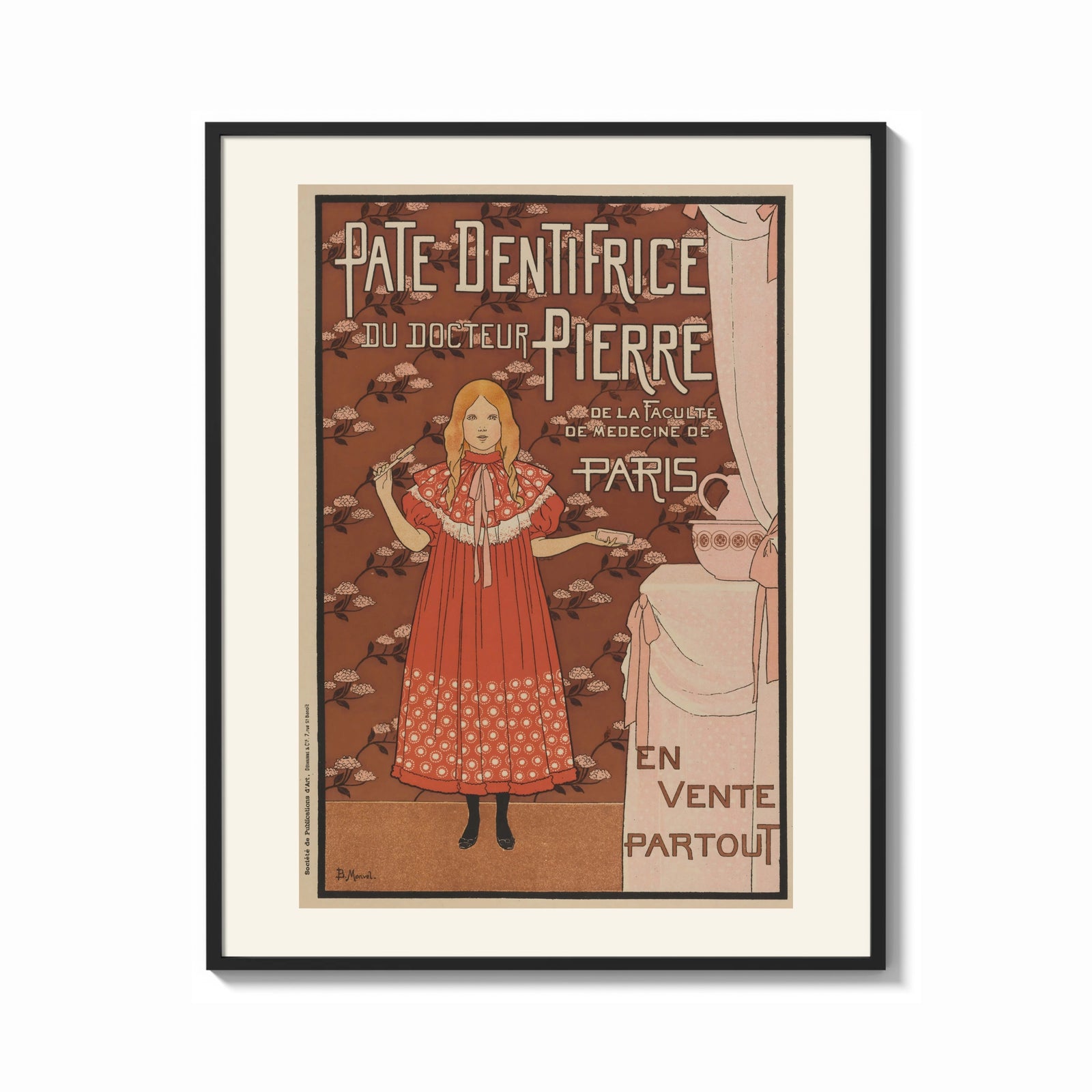 Framed Young girl in red nightgown print shown as a bold statement piece on a clean gallery wall