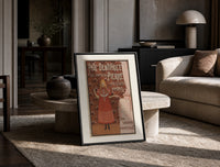 Young girl in red nightgown print in a black frame leaning on a travertine table in a sunlit lounge