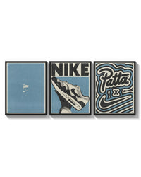 Patta x Nike Air Max 1 Blue Triptych arranged on a bright gallery wall