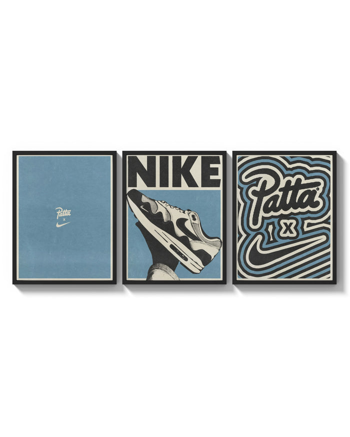 Patta x Nike Air Max 1 Blue Triptych arranged on a bright gallery wall
