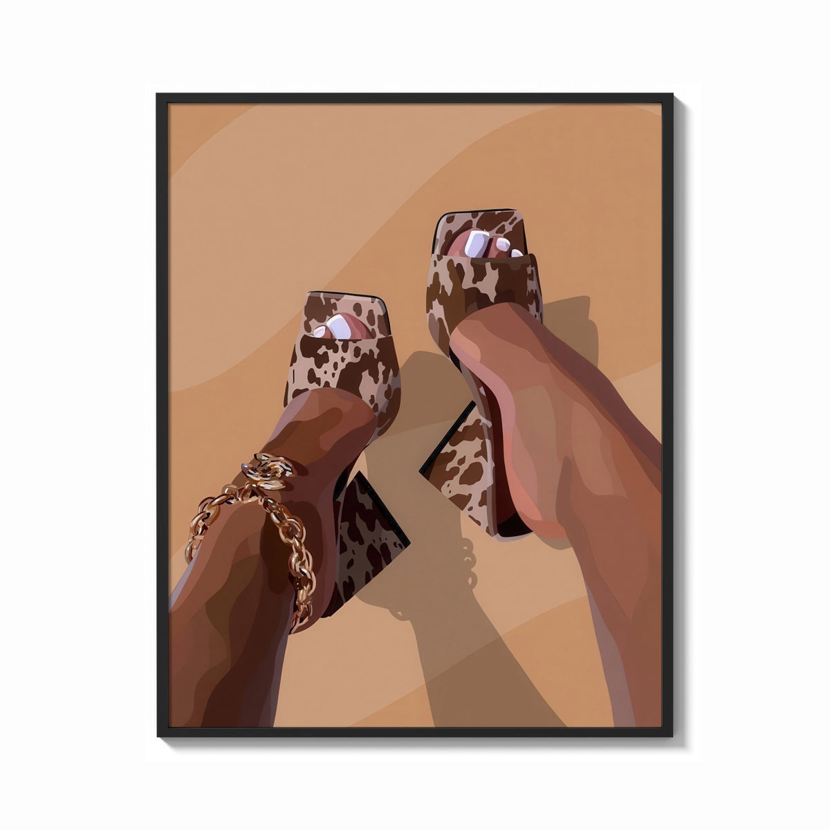 Framed Cowhide Mules and Chain Anklet print shown as a bold statement piece on a clean gallery wall