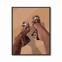 Framed Cowhide Mules and Chain Anklet print shown as a bold statement piece on a clean gallery wall