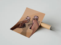 Gently curled Cowhide Mules and Chain Anklet print beside its protective shipping tube