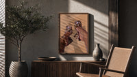 Cowhide Mules and Chain Anklet poster framed above a fluted sideboard beside a potted tree