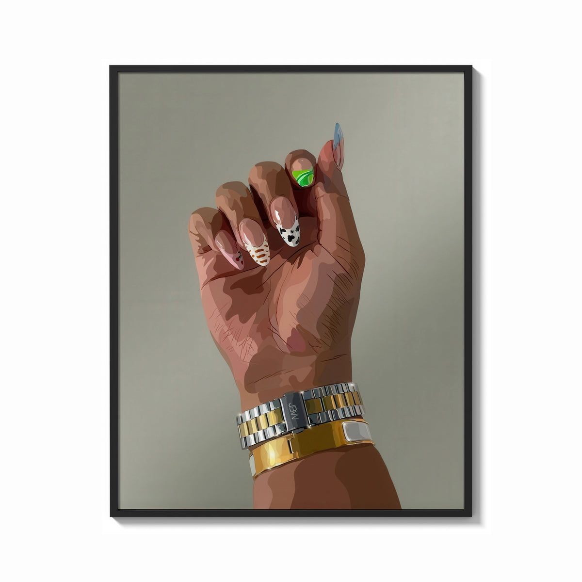 Framed Patterned Nails with Stacked Watches print shown as a bold statement piece on a clean gallery wall