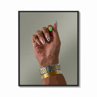 Framed Patterned Nails with Stacked Watches print shown as a bold statement piece on a clean gallery wall