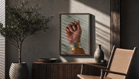 Patterned Nails with Stacked Watches poster framed above a fluted sideboard beside a potted tree
