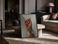 Patterned Nails with Stacked Watches print on the floor, leaning against a travertine table