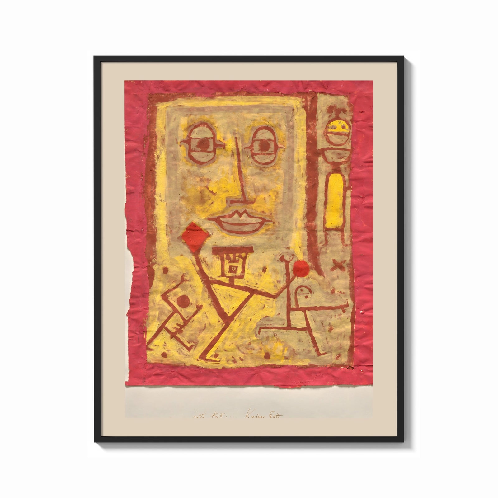 Framed Abstract face with small figures print shown as a bold statement piece on a clean gallery wall