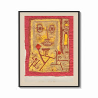 Framed Abstract face with small figures print shown as a bold statement piece on a clean gallery wall