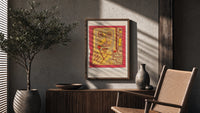 Abstract face with small figures poster framed above a fluted sideboard beside an olive tree