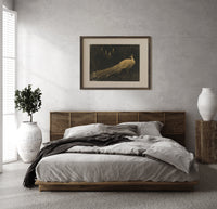 White peacock in landscape print in a dark wood frame above a rattan bed on a plaster wall