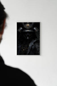 Person viewing a black samurai warrior print mounted on a white gallery wall