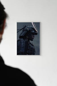 Person viewing a midnight ronin samurai print displayed on a white gallery wall