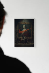 Person viewing a framed Nike renaissance Goya Swoosh print mounted on a white gallery wall