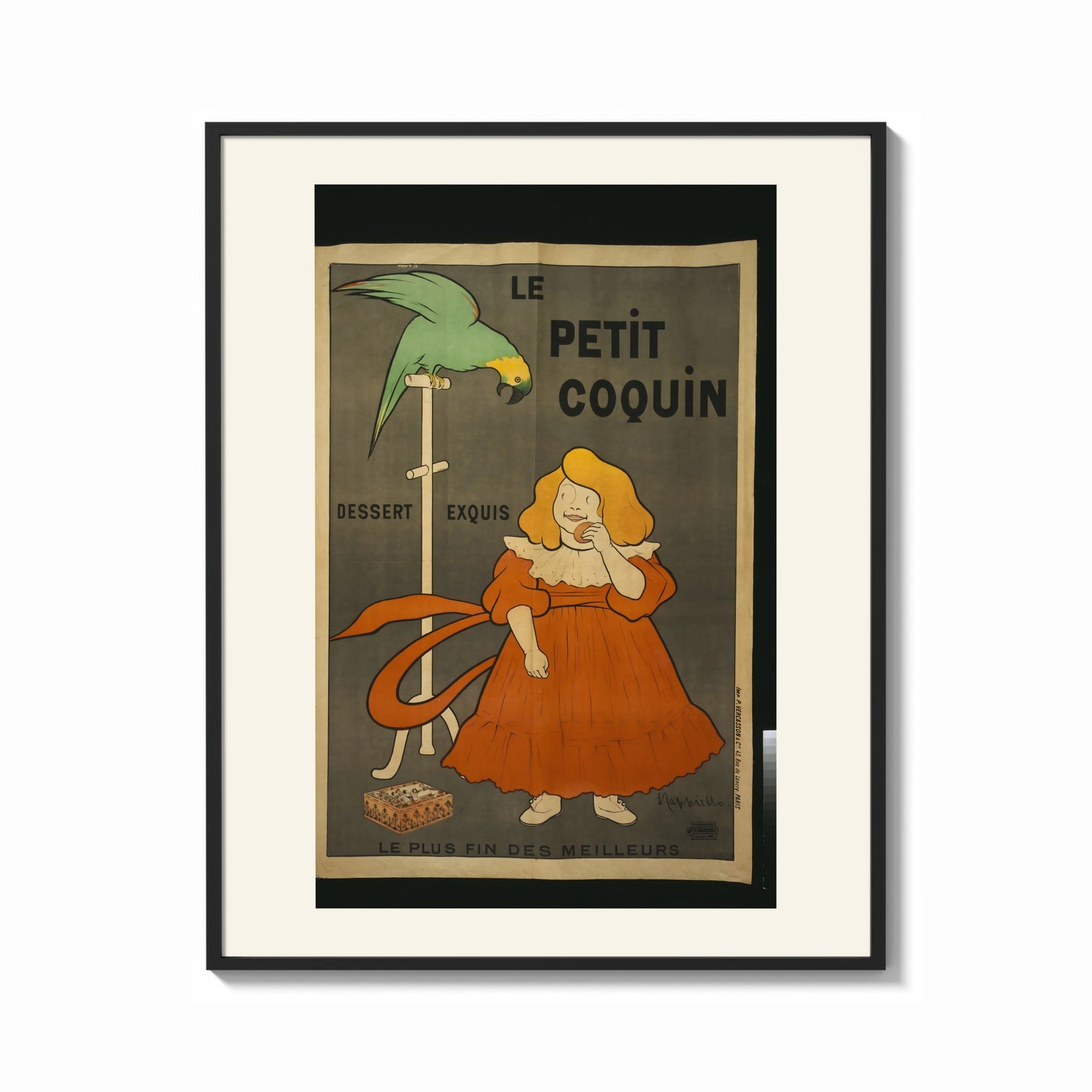 Framed Girl in red dress eating biscuit print shown as a bold statement piece on a clean gallery wall