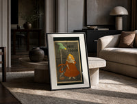 Girl in red dress eating biscuit print in a black frame leaning on a travertine table in a sunlit lounge