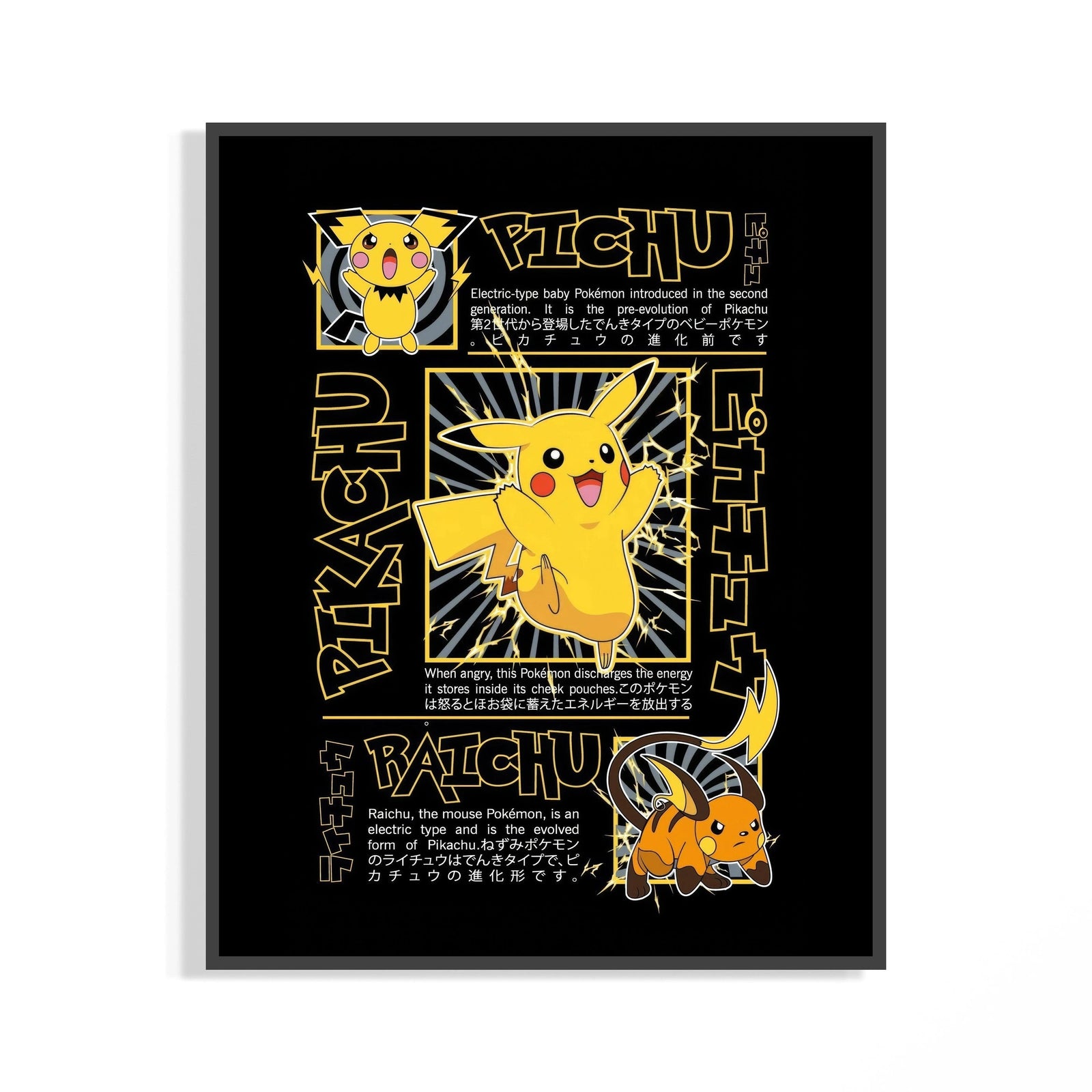 Black framed Pokemon evolution poster showing Pichu Pikachu Raichu with electric lightning and Japanese text