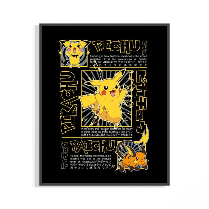 Black framed Pokemon evolution poster showing Pichu Pikachu Raichu with electric lightning and Japanese text