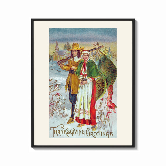Framed Pilgrim Couple with Turkey print shown as a bold statement piece on a clean gallery wall