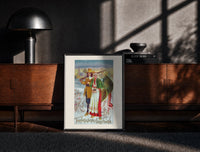 Black-framed Pilgrim Couple with Turkey print on the floor in front of a dark wooden console