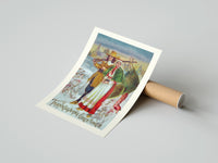Gently curled Pilgrim Couple with Turkey print beside its protective shipping tube