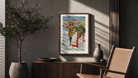 Pilgrim Couple with Turkey poster framed above a fluted sideboard beside a potted tree