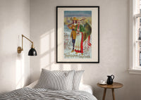 Pilgrim Couple with Turkey print in a black frame above a bed with striped linens, a brass wall lamp and a sunlit window
