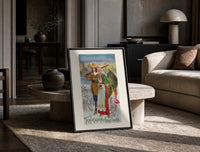 Pilgrim Couple with Turkey print on the floor, leaning against a travertine table