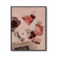 Framed Pink Drink, Cherries and Perfume print shown as a bold statement piece on a clean gallery wall