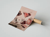 Gently curled Pink Drink, Cherries and Perfume print beside its protective shipping tube