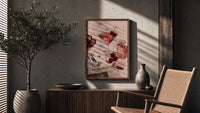 Pink Drink, Cherries and Perfume poster framed above a fluted sideboard beside a potted tree