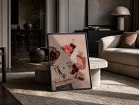 Pink Drink, Cherries and Perfume print on the floor, leaning against a travertine table
