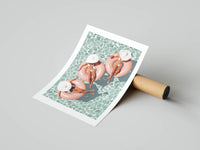 Pink inflatable floats and white sun hats in a crystal-clear swimming pool poster