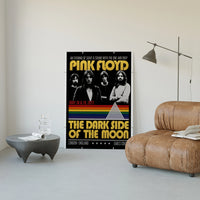 Pink Floyd Dark Side of the Moon Earls Court 1973 poster framed above a tan leather living-room couch