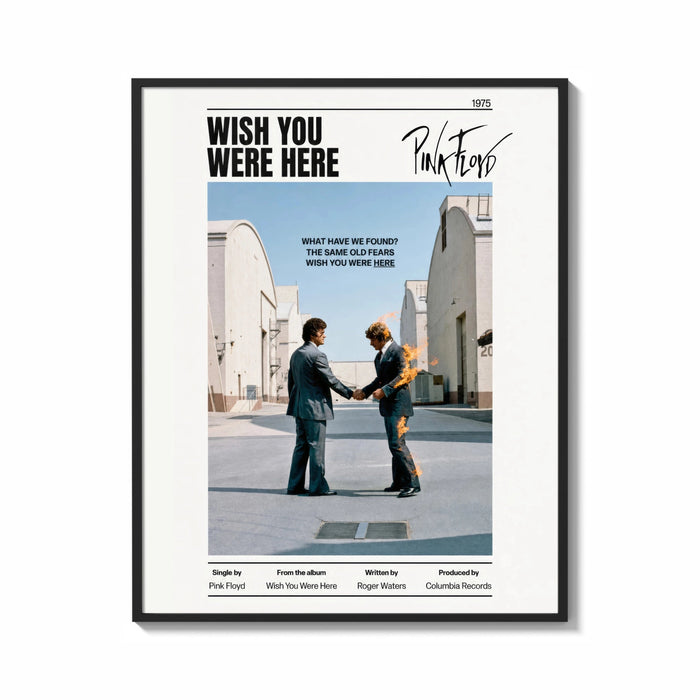 Framed Pink Floyd Wish You Were Here Burning Handshake print shown as a statement piece on a gallery wall