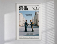 Pink Floyd Wish You Were Here Burning Handshake poster framed in white on a clean gallery wall