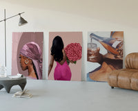 Pink Headscarf, Roses and Drink Set of 3 displayed beside a brown leather sofa