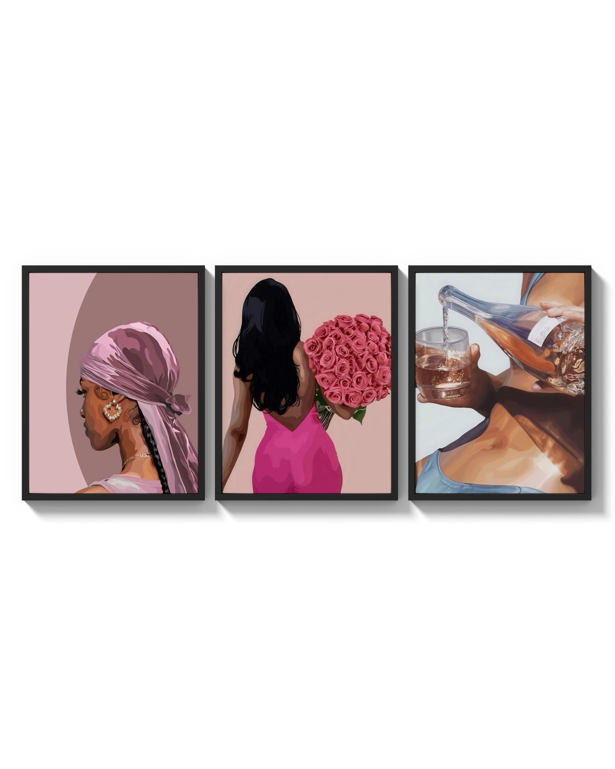 Pink Headscarf, Roses and Drink Set of 3 arranged on a bright gallery wall