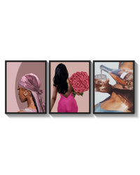 Pink Headscarf, Roses and Drink Set of 3 arranged on a bright gallery wall
