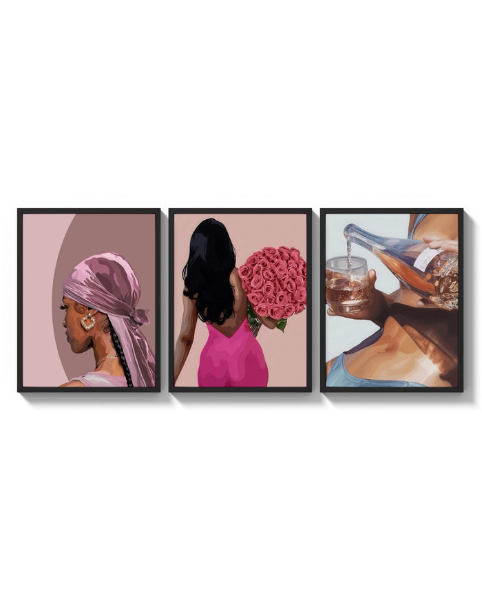 Pink Headscarf, Roses and Drink Set of 3 arranged on a bright gallery wall