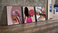 Pink Headscarf, Roses and Drink Set of 3 leaning on parquet beside a vintage loft door