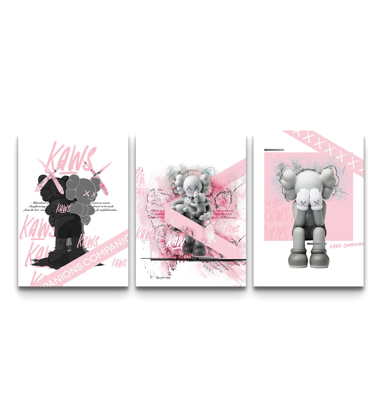 Pink KAWS Companion set of 3: black hunched figure, grey abstract chaos centre, standing grey figure on pink