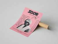 Pink Tyler the Creator IGOR Tracklist poster print laid beside its crush-resistant shipping tube