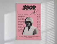 Pink Tyler the Creator IGOR Tracklist poster framed in white on a clean gallery wall