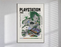 Overgrown PlayStation console with controller poster in a slim frame on a bright wall with soft window light