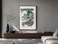 Overgrown PlayStation console with controller poster framed above a wood console in a concrete-wall living room